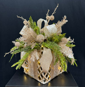 Large Burlap Box with Lights & Ribbon