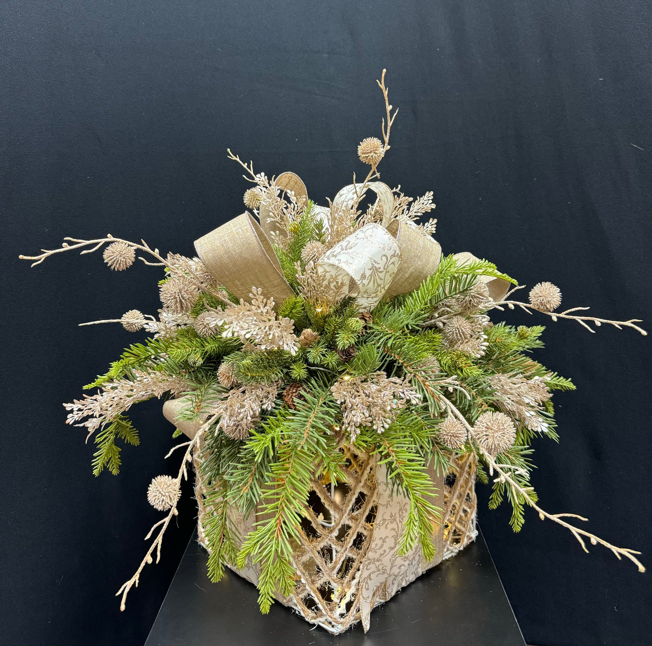 Small Burlap Box with Lights & Ribbon
