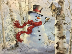 (26) "Birch Woods Snowman" Fiber Optic lighted Canvas
