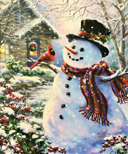 (21) "Snowman and Feathered Friend" Fiber Optic lighted Wall Print