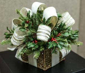 "Contemporary White & Gold Elegance " Lighted Christmas Holiday Box MINI