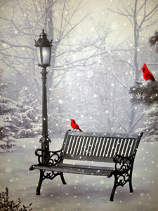 (2) "Christmas Cardinals with Park Bench and Light Post" Fiber Optic lighted Canvas