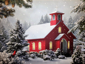 (11) "Red Country Church" Fiber Optic lighted Canvas